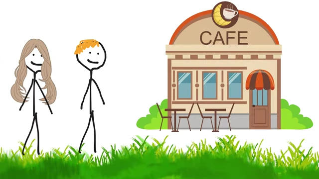 A stick figure couple stands proudly in front of their newly opened "CAFE" business, symbolizing entrepreneurial ambition.