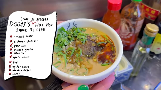 A bowl filled with hot pot dipping sauce, garnished with green onions and chili oil, with a recipe list overlaid.