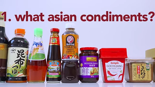 Text overlay "1. what asian condiments?" on a background of various condiment bottles.