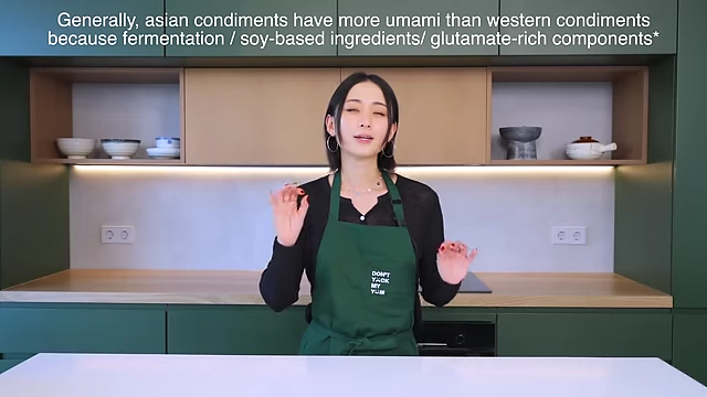 Text overlay explaining that Asian condiments have more umami due to fermentation, soy-based ingredients, and glutamate-rich components.