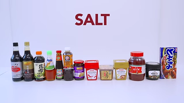 Text overlay "SALT" on a background of various salt-based condiments.