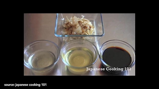 Various components for making dashi and Tsuyu, including bonito flakes, kelp, soy sauce, and mirin.