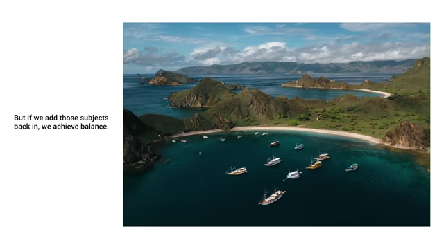 An aerial view of a bay with numerous boats, creating balance within the composition.