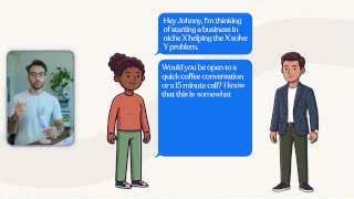 A text message dialogue between the speaker and a prospect, illustrating an approach for a market research call