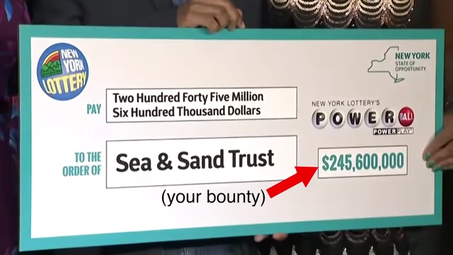 A lottery check displayed publicly, symbolizing the winner's "bounty"
