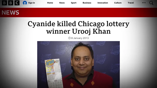 News headline confirming a lottery winner's mysterious death by cyanide poisoning