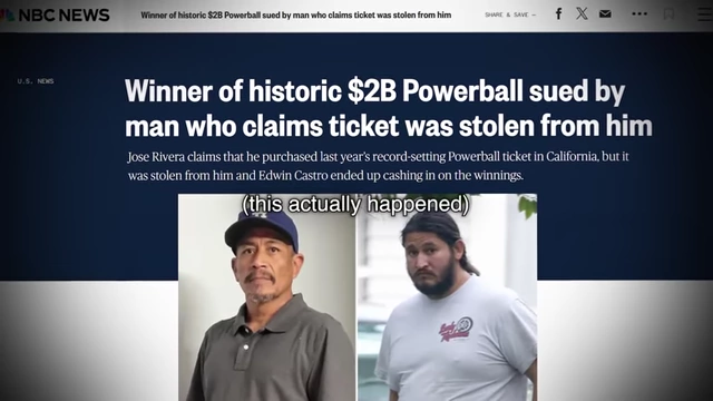 News headline about a $2 billion Powerball winner being sued for ticket theft