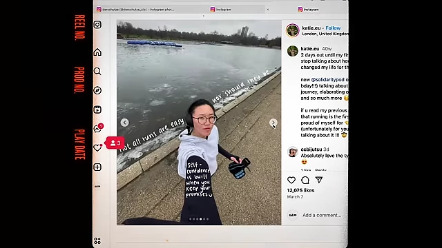 A creative carousel documenting Katie's running journey with artistic text overlays.