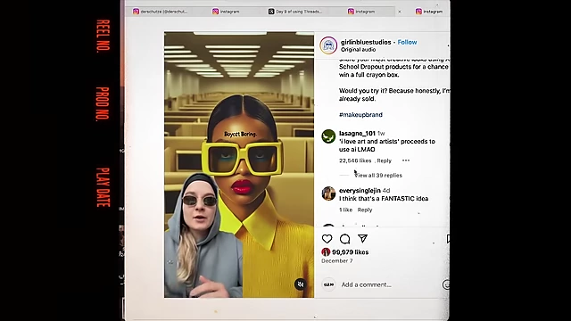 An Instagram comment highlights controversy around AI image use in a design concept.