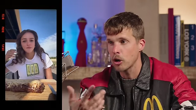 A creator eating a ribeye while speaking to the camera.