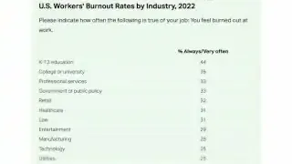 K-12教育行业在2022年的美国各行业中，倦怠率（44%）位居第一。