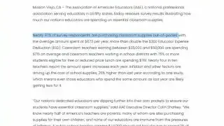 一项调查显示，近97%的教师会自掏腰包购买教学用品，平均每年花费673美元。
