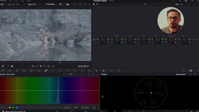 The complete 7-node beginner workflow in DaVinci Resolve, with vectorscope and curves visible