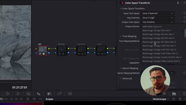 DaVinci Resolve's Color Space Transform output settings, showing `DaVinci Wide Gamut` and `DaVinci Intermediate` as output options