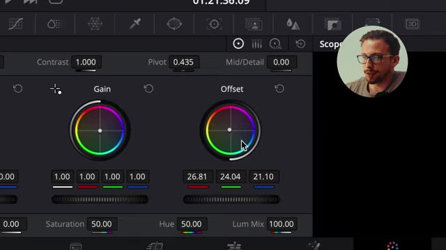 DaVinci Resolve Color Wheels showing the Offset control being adjusted to neutralize a color tint