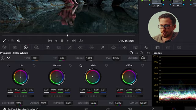 DaVinci Resolve Color Wheels with specific Lift, Gamma, and Gain settings for creating the cinematic 'look'