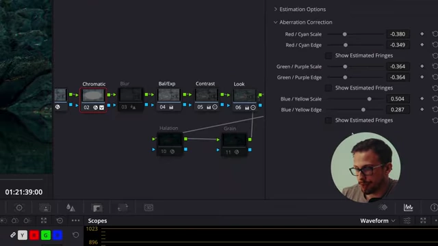 DaVinci Resolve node graph with the Chromatic Aberration node selected, showing specific correction settings in the effects tab