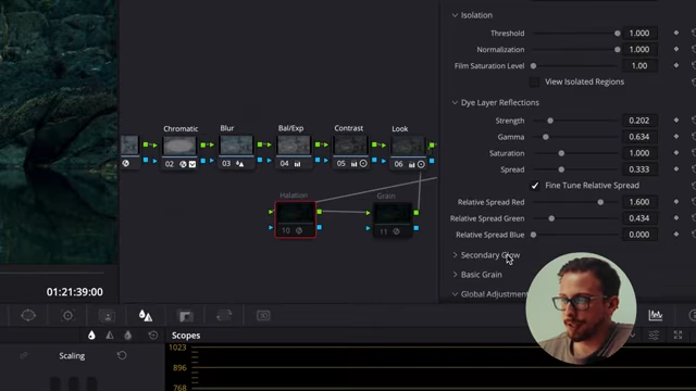 DaVinci Resolve's Halation effect settings, showing controls for strength and spread to add subtle film halation