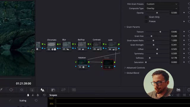 DaVinci Resolve's custom film grain settings, showing adjustments for Grain Size, Grain Strength, and Softness