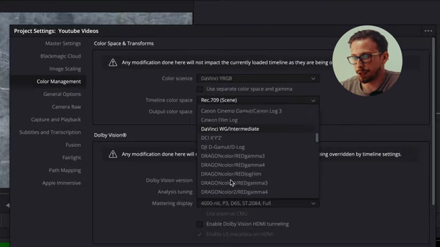 DaVinci Resolve Project Settings showing `Timeline Color Space` set to `DaVinci YRGB Intermediate` and `Output Color Space` options