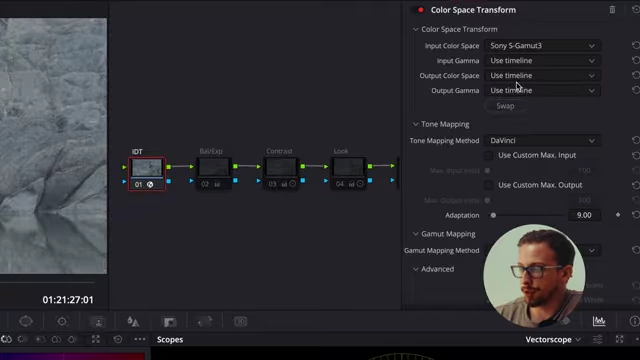 DaVinci Resolve's Color Space Transform settings for the IDT node, configured for Sony S-Gamut3 and S-Log3 input