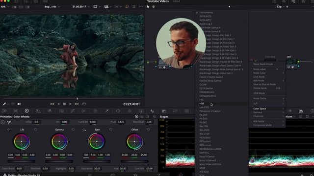 DaVinci Resolve's context menu showing the option to enable HSV (Hue, Saturation, Value) mode for color wheels