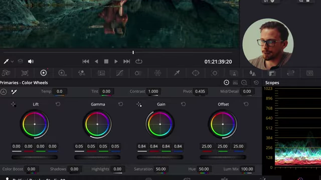 DaVinci Resolve Color Wheels with HSV enabled, showing Gamma set to 1.00 and Gain to 0.84 for saturation control