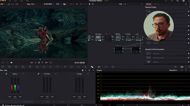 DaVinci Resolve node graph with the Blur node selected, showing H/V ratio and Radius settings for film blur