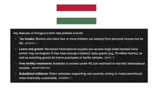 A list details the "Key features of Hungary's birth rate policies," including tax breaks for women with four or more children, loans and grants for newlywed heterosexual couples, free fertility treatments, and subsidized childcare.