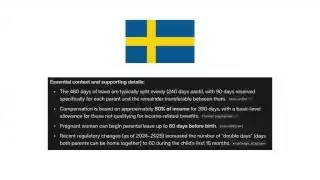 A list outlines "Essential context and supporting details" for Sweden's parental leave policy, specifying 480 days of leave, 80% compensation, and provisions for pregnant women and "double days."
