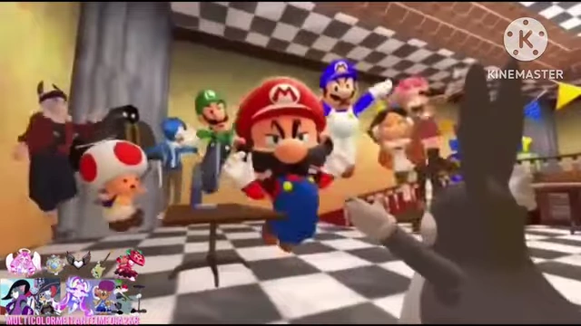 A group of various animated characters, including Mario, stands in a room.