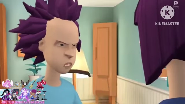 Oswaldo's fake mom, an animated character with purple hair, grounds him.