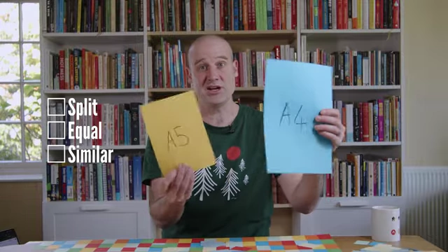 A graphic demonstrating the mathematical properties that define paper scales: Split, Equal, and Similar.
