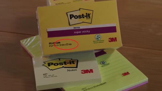 Post-it Note packaging displaying its dimensions in millimeters, defining the "P-scale".