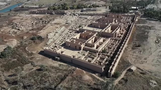 Aerial view of the ancient ruins of Babylon in modern-day Iraq