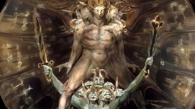 Artistic depiction of a multi-headed beast-like figure, representing the Antichrist or related demonic entity