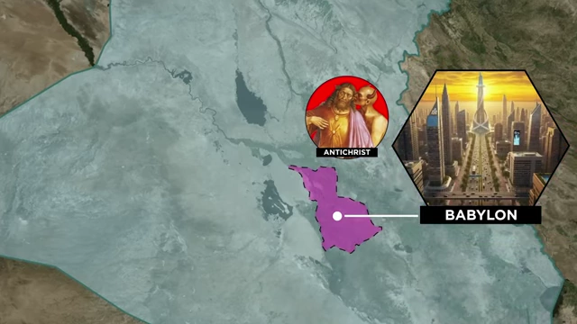 Map showing the Antichrist and Babylon's location in relation to the gathering armies at Armageddon