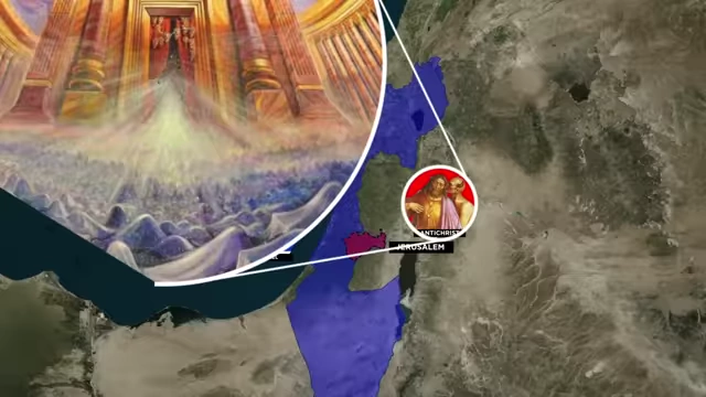 Artistic depiction of the Antichrist making a declaration inside a temple in Jerusalem