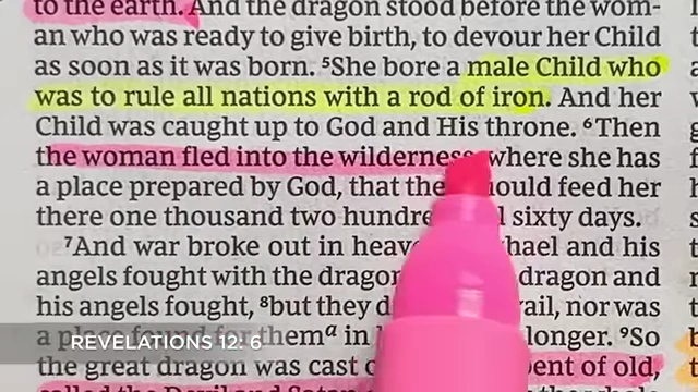 Biblical text from Revelation 12:6, mentioning "the woman fled into the wilderness where she has a place prepared by God"