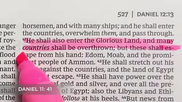 Biblical text from Daniel 11:41 indicating that Edom, Moab, and Ammon (modern-day Jordan) shall escape the Antichrist's hand