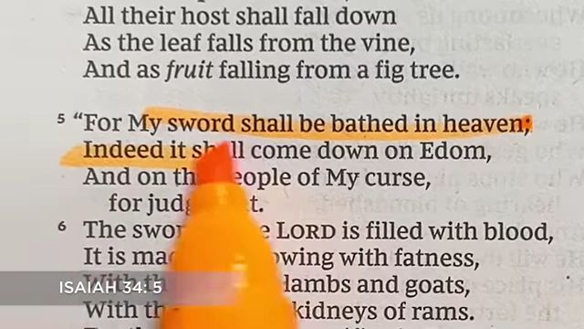 Biblical text from Isaiah 34:5, "For My sword shall be bathed in heaven: indeed it shall come down on Edom"