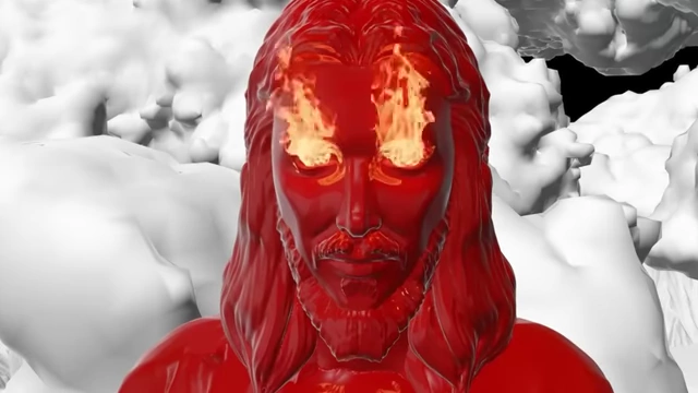 3D render of Jesus with fiery eyes descending on a white horse