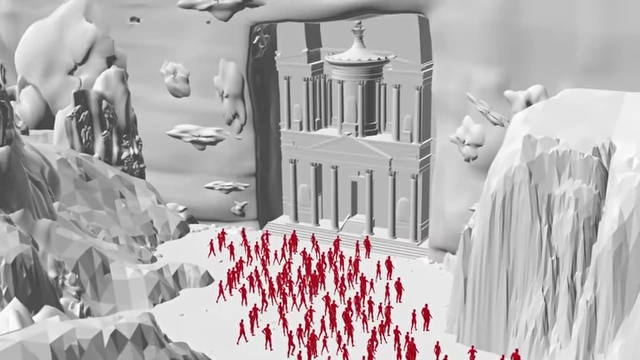 3D render of Jesus standing between His people in Petra and the advancing armies, protecting them