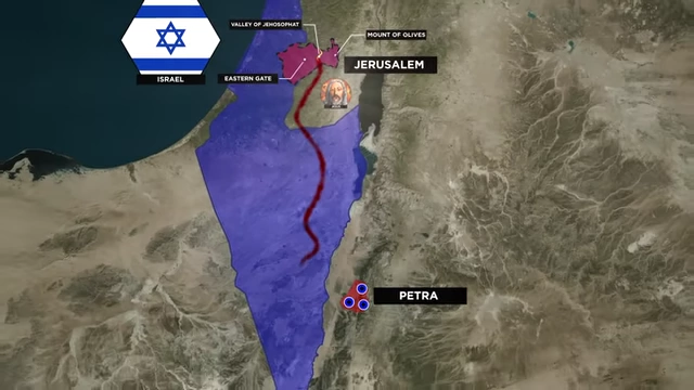 Map illustrating the path of blood flowing 200 miles from the Valley of Jehoshaphat to the Red Sea