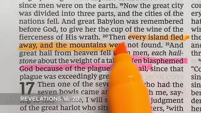Biblical text from Revelation 16:20, "Then every island fled away, and the mountains were not found... a great hailstorm fell upon men"