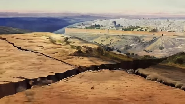 Artistic rendering of the Mount of Olives splitting down the middle, creating a valley