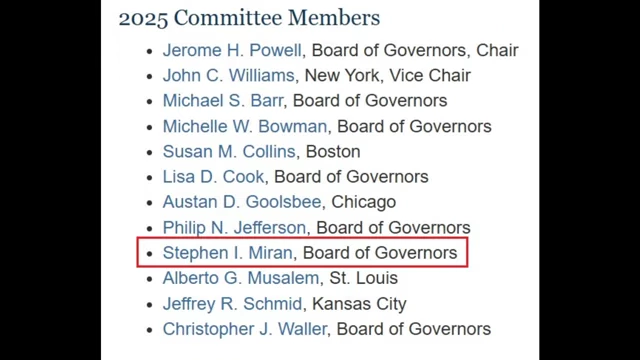 A list of 2025 Federal Reserve Committee Members highlights Stephen I. Miran, a Board of Governors member nominated by President Trump.
