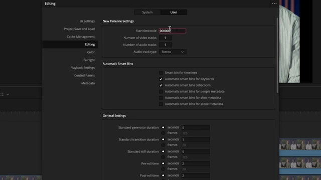 Setting the default start timecode for new timelines