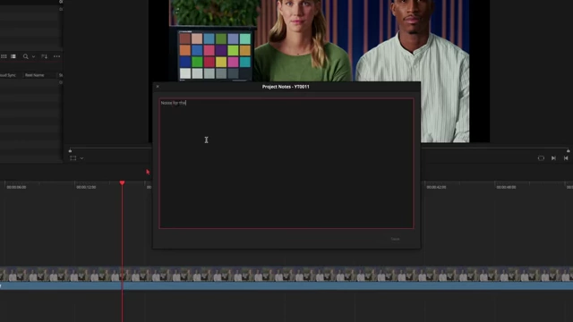 Built-in Project Notes window in DaVinci Resolve