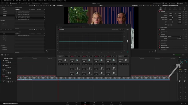 Edit page mixer providing direct access to track EQ and dynamics